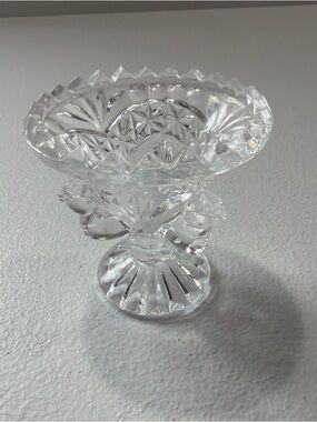 VTG Fancy Cut Crystal Egg Cup w/Sawtooth Rim Chick Handles Pedestal Base MINT